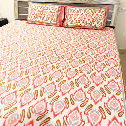Peach Ikkat cotton Festive  Double Bedsheet