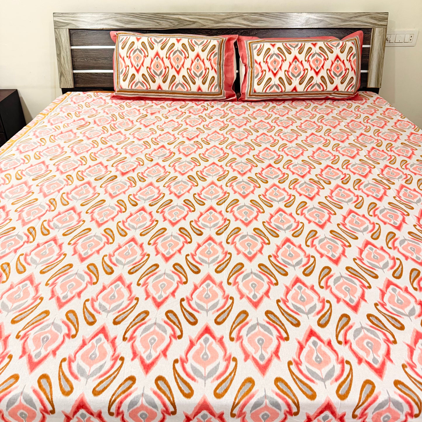 Peach Ikkat cotton Festive  Double Bedsheet