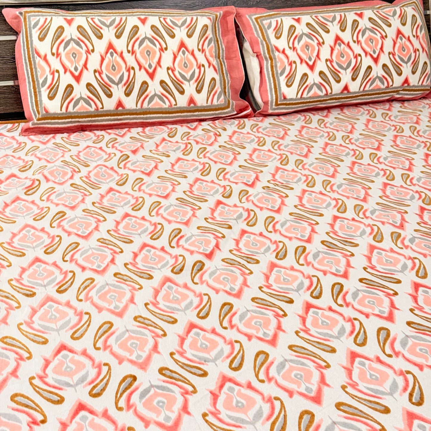 Peach Ikkat cotton Festive  Double Bedsheet