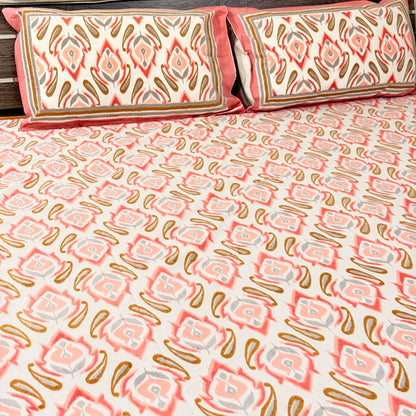 Peach Ikkat cotton Festive  Double Bedsheet