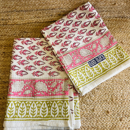 Pretty Pink Handblock Waffle Cotton Towel Set