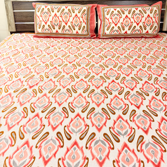 Peach Ikkat cotton Festive  Double Bedsheet