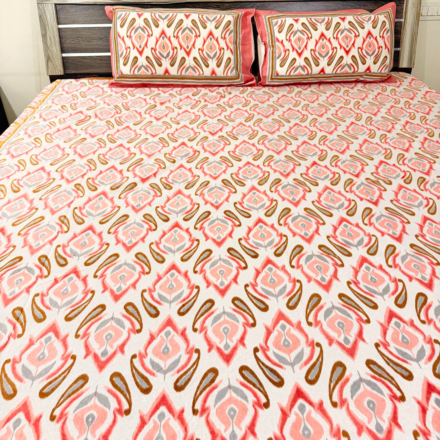 Peach Ikkat cotton Festive  Double Bedsheet
