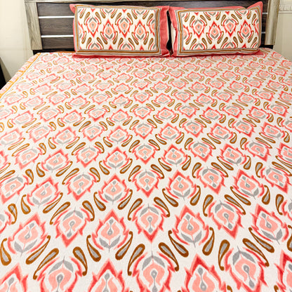 Peach Ikkat cotton Festive  Double Bedsheet