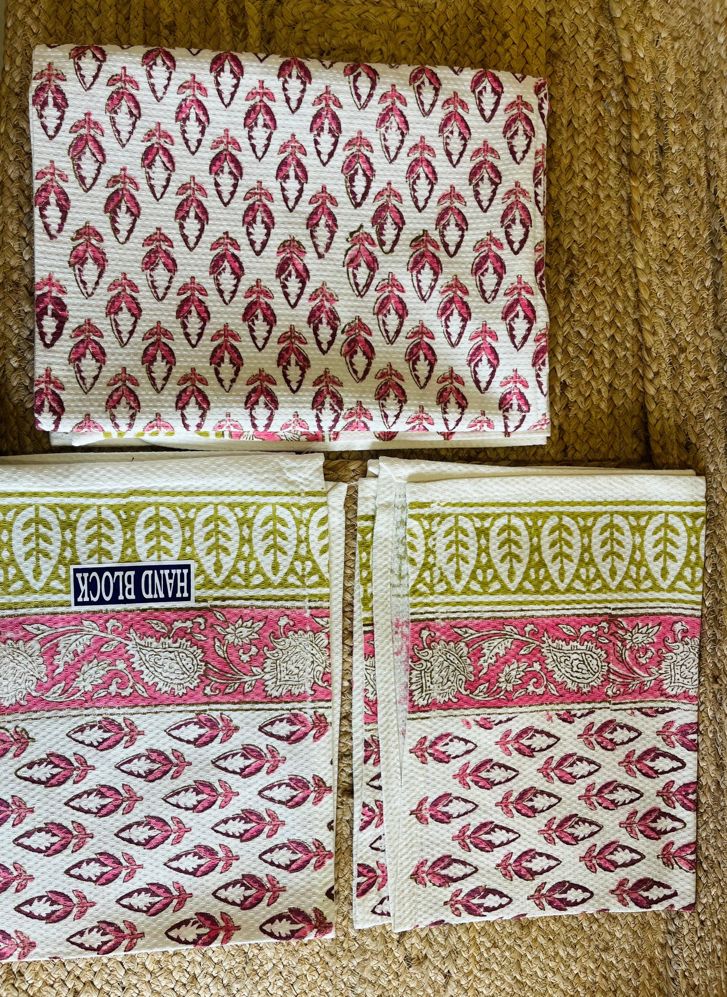 Pretty Pink Handblock Waffle Cotton Towel Set