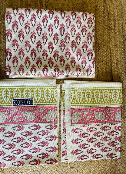 Pretty Pink Handblock Waffle Cotton Towel Set