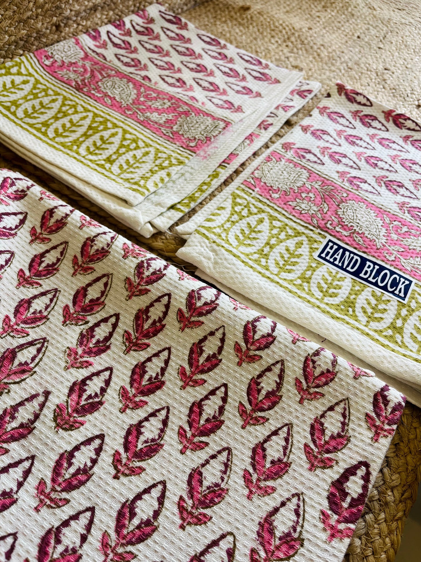 Pretty Pink Handblock Waffle Cotton Towel Set