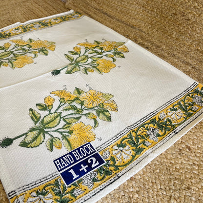 Yellow Floral Handblock Waffle Cotton Towel Set