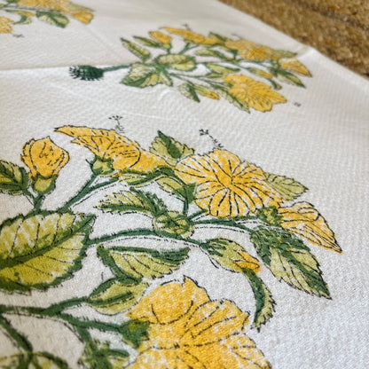 Yellow Floral Handblock Waffle Cotton Towel Set