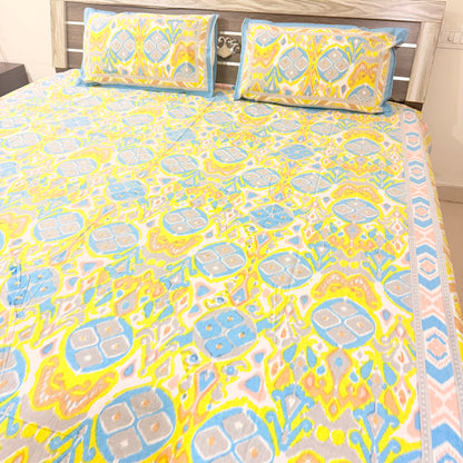 Ikkat Yellow Double Bedsheet with 2 Pillow covers