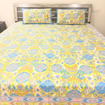 Ikkat Yellow Double Bedsheet with 2 Pillow covers