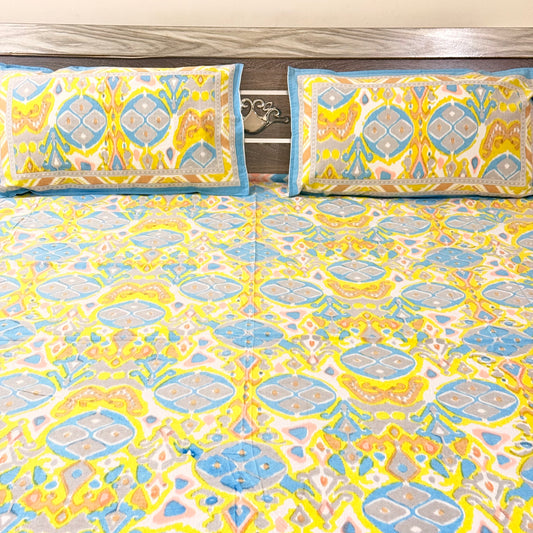 Ikkat Yellow Double Bedsheet with 2 Pillow covers