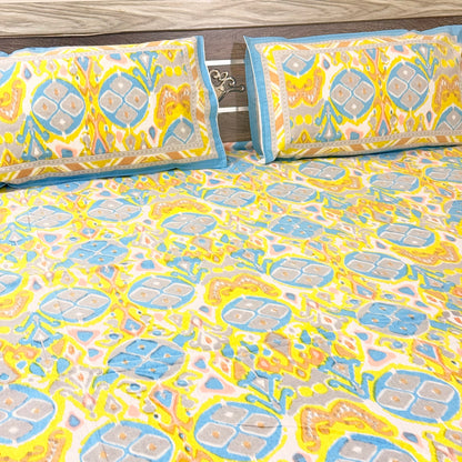 Ikkat Yellow Double Bedsheet with 2 Pillow covers