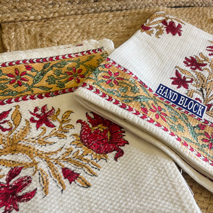 Red Golden Plant Handblock Waffle Cotton Towel Set