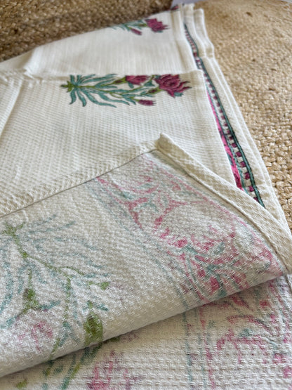 Pink Floral Handblock Waffle Cotton Towel Set