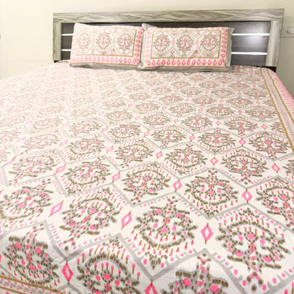 Pink Geometric cotton Double Bedsheet