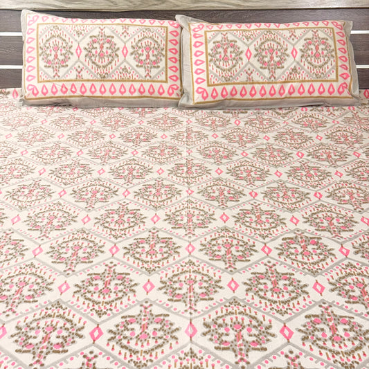 Pink Geometric cotton Double Bedsheet