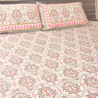 Pink Geometric cotton Double Bedsheet