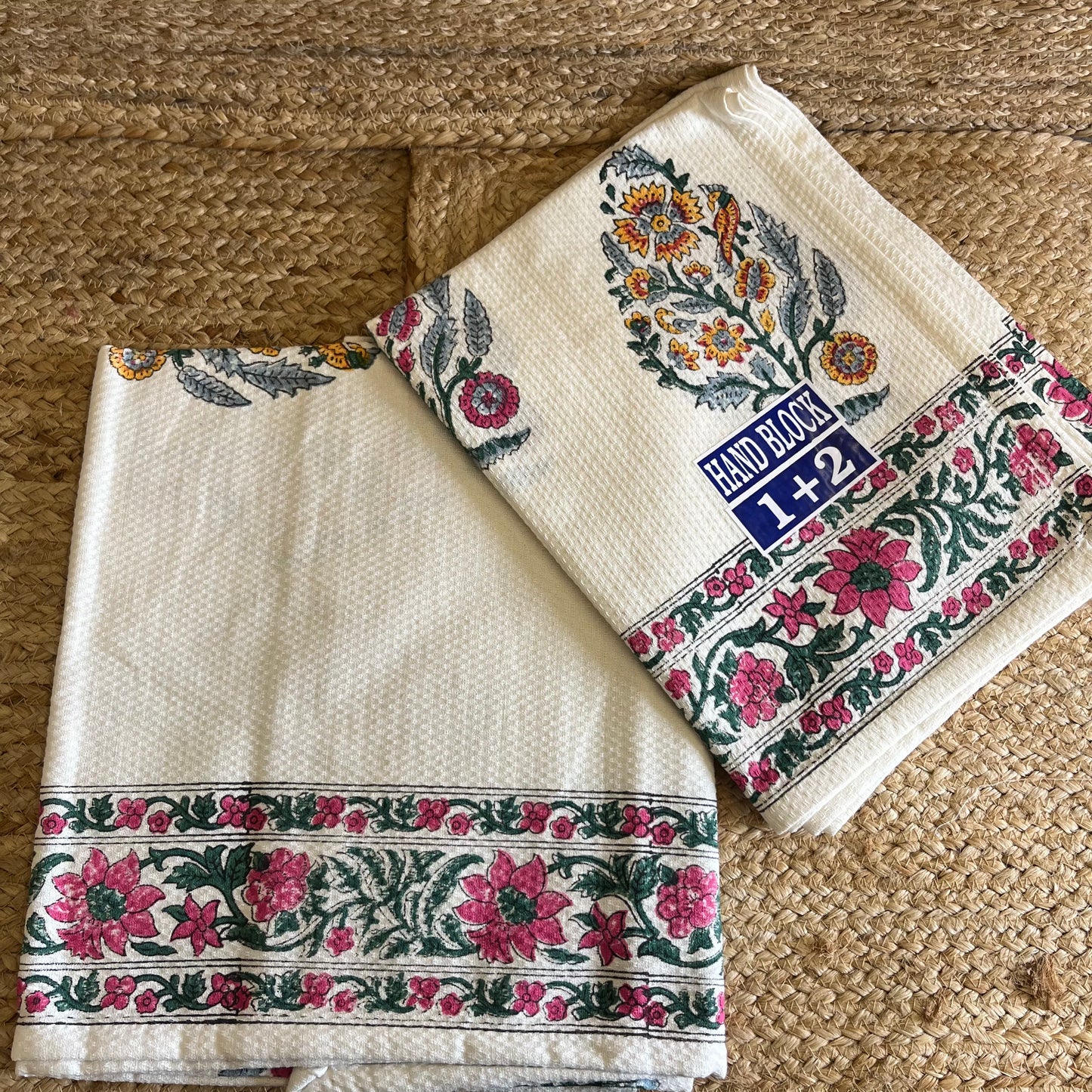 Pink Garden Handblock Waffle Cotton Towel Set