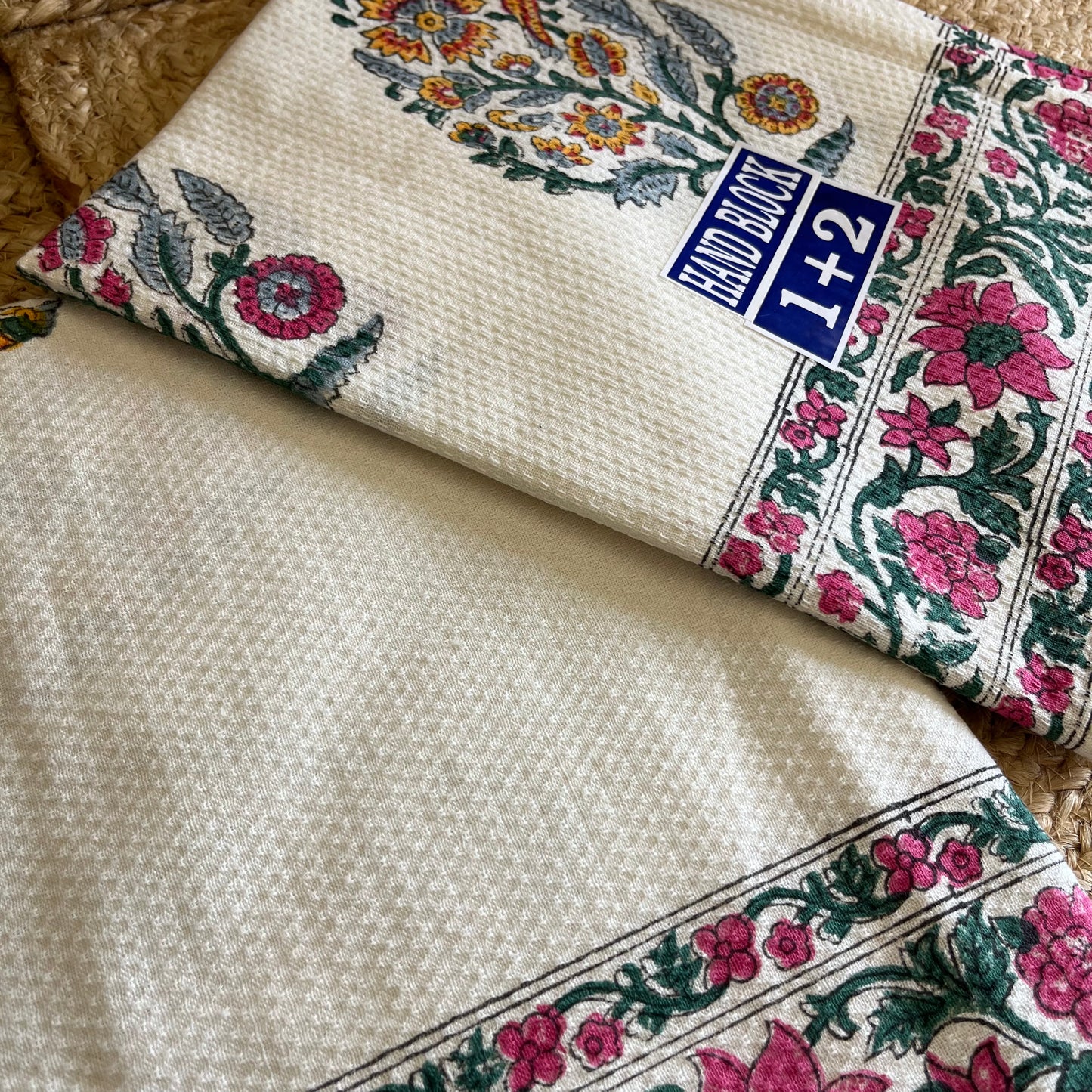 Pink Garden Handblock Waffle Cotton Towel Set