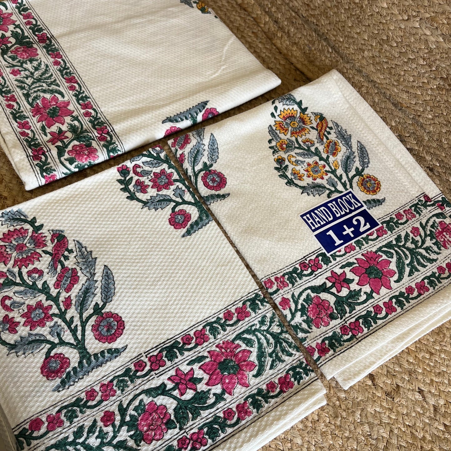 Pink Garden Handblock Waffle Cotton Towel Set