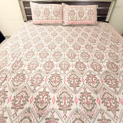 Pink Geometric cotton Double Bedsheet