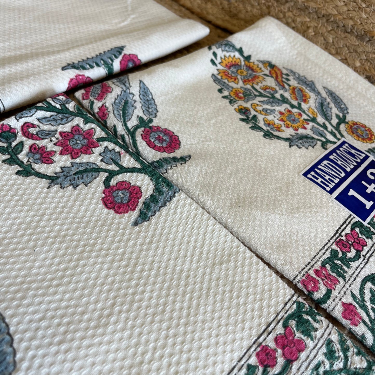 Pink Garden Handblock Waffle Cotton Towel Set