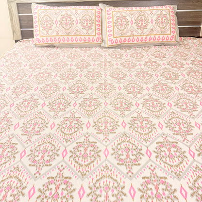 Pink Geometric cotton Double Bedsheet