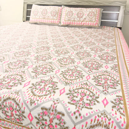 Pink Geometric cotton Double Bedsheet