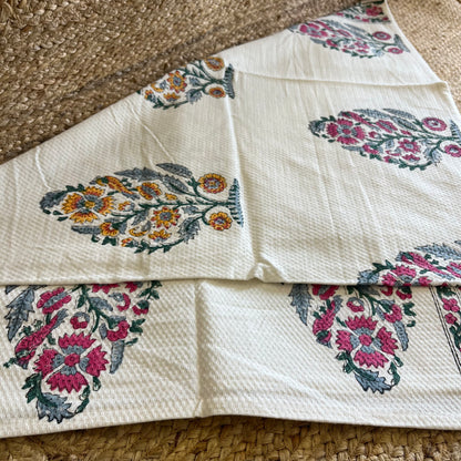Pink Garden Handblock Waffle Cotton Towel Set