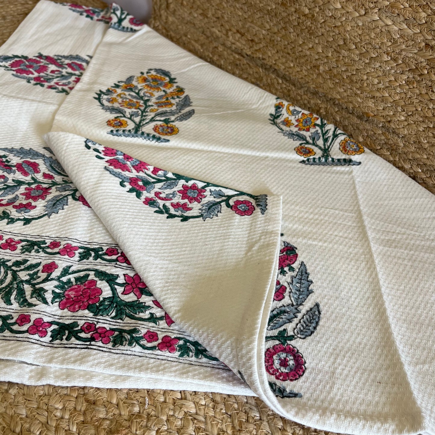 Pink Garden Handblock Waffle Cotton Towel Set