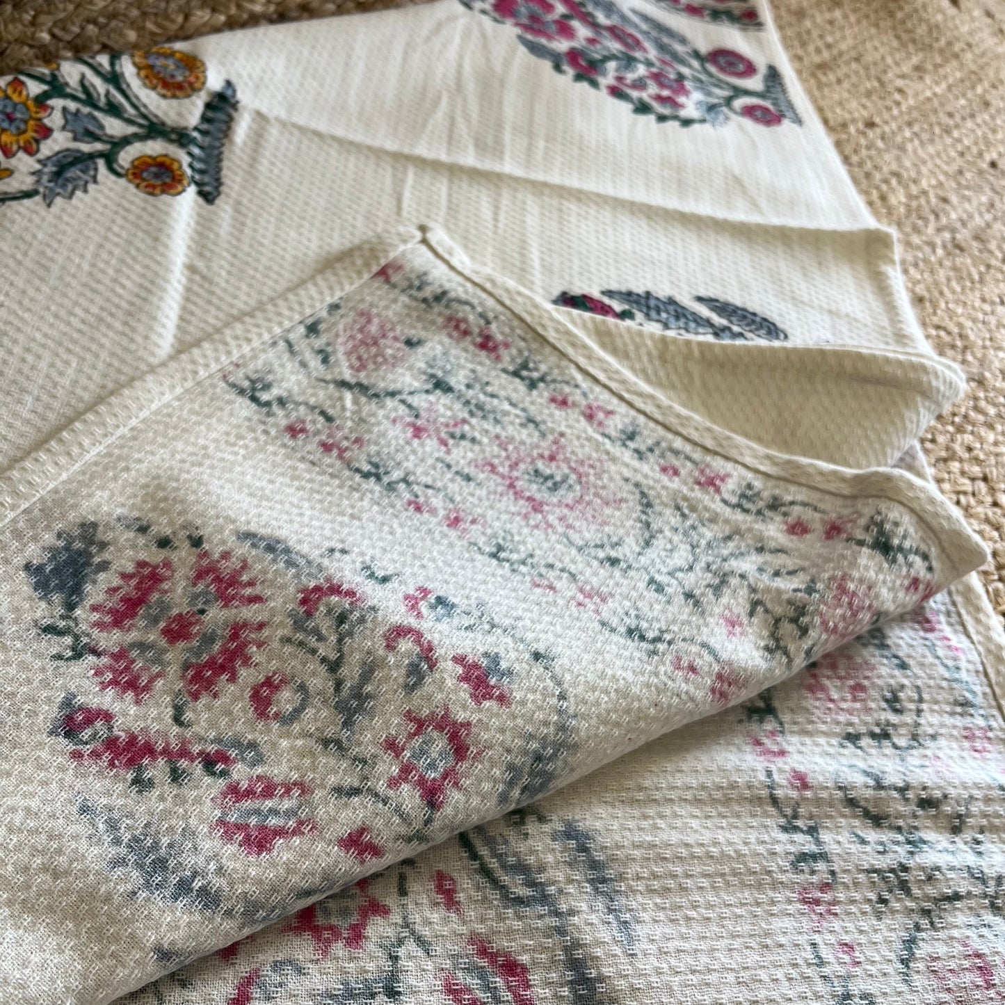 Pink Garden Handblock Waffle Cotton Towel Set