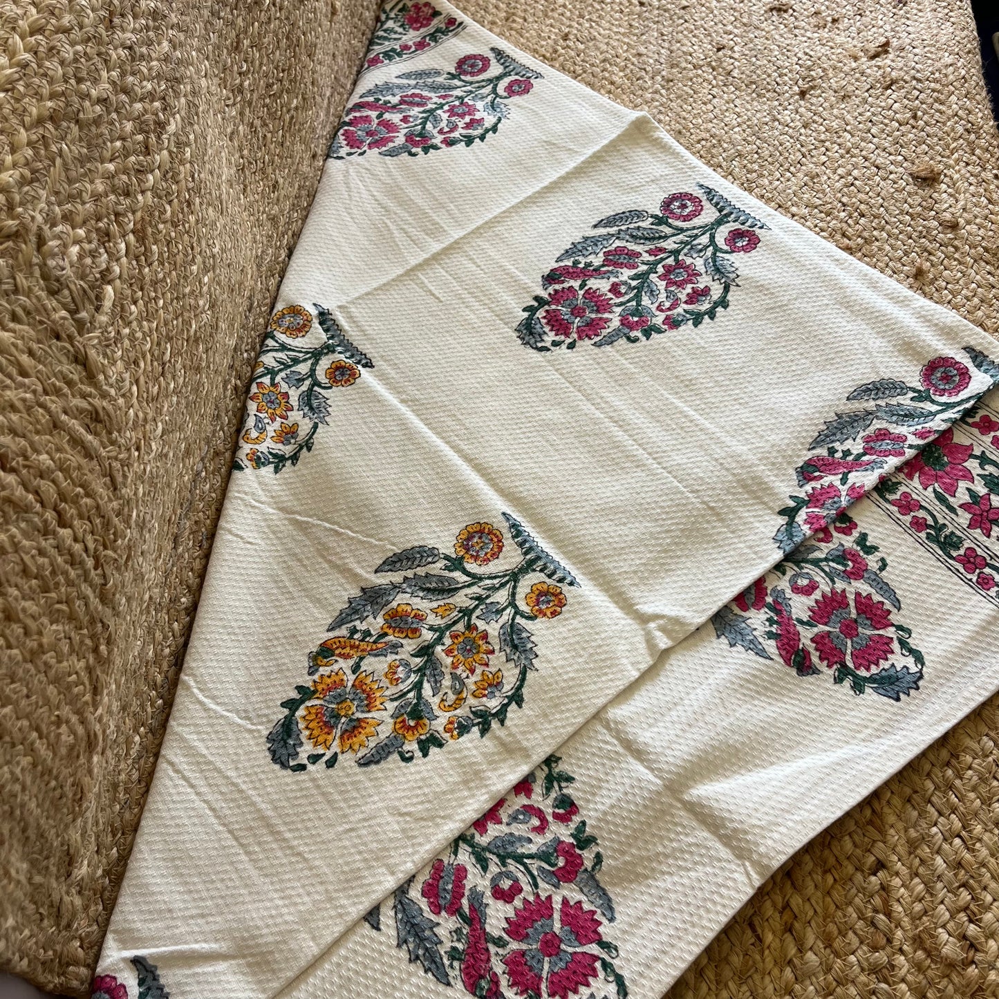 Pink Garden Handblock Waffle Cotton Towel Set