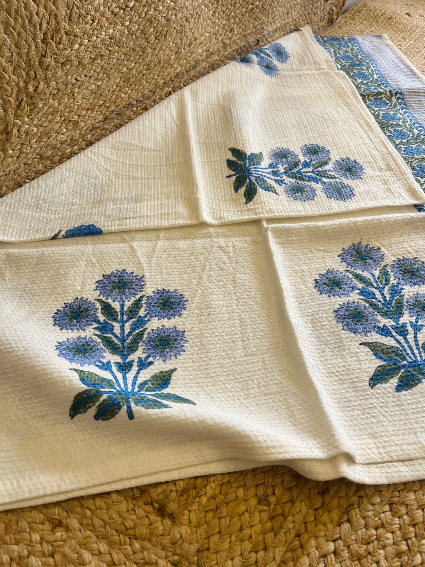 Blue Marigold Handblock Waffle Cotton Towel Set