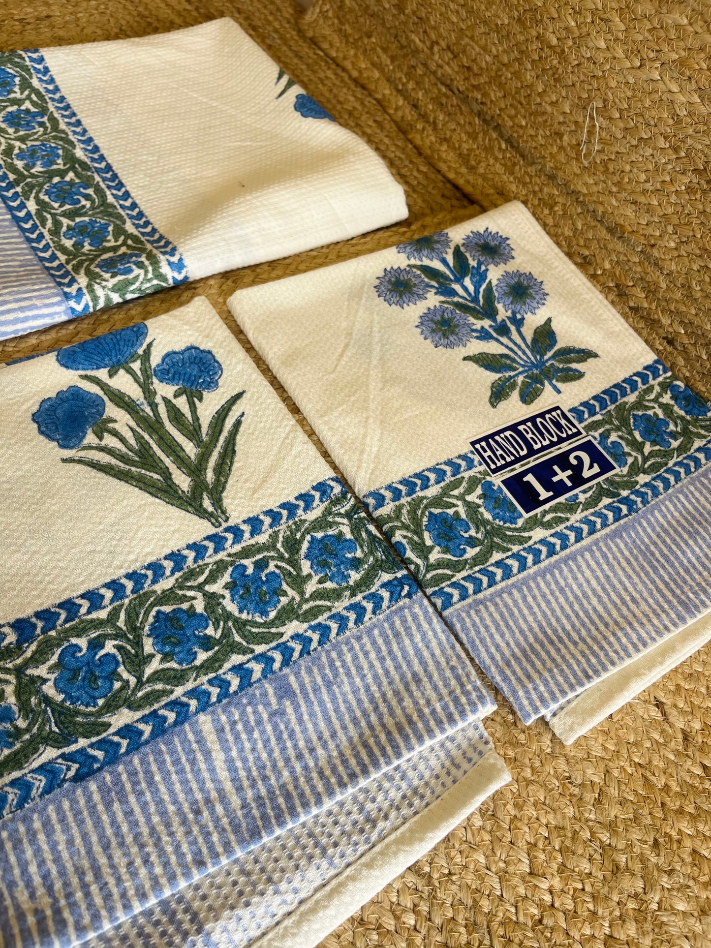Blue Marigold Handblock Waffle Cotton Towel Set