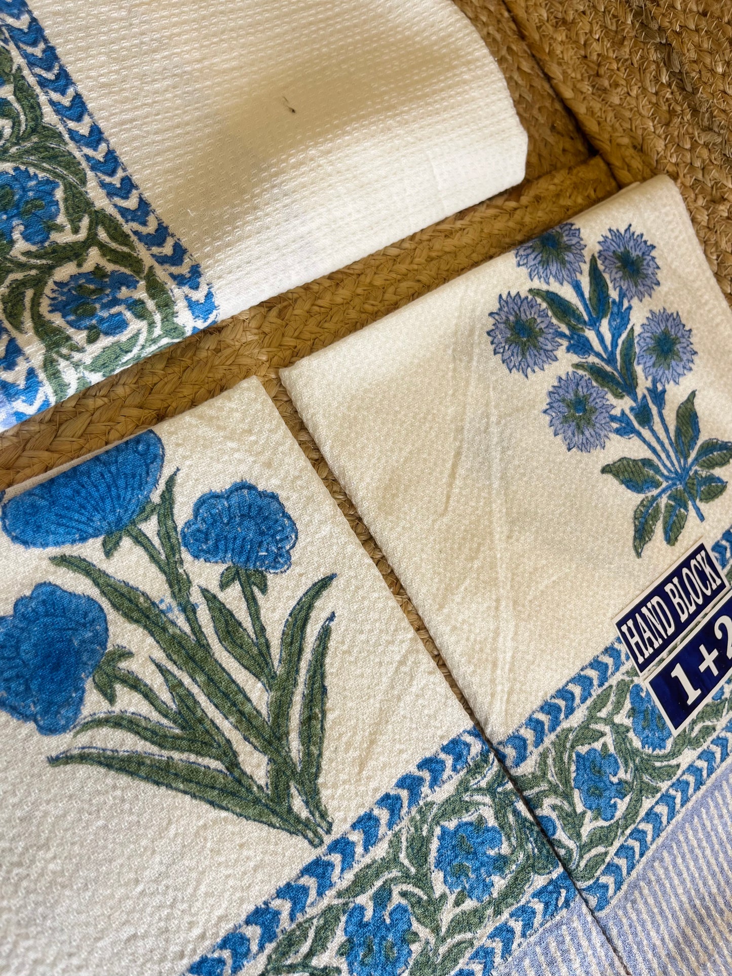 Blue Marigold Handblock Waffle Cotton Towel Set