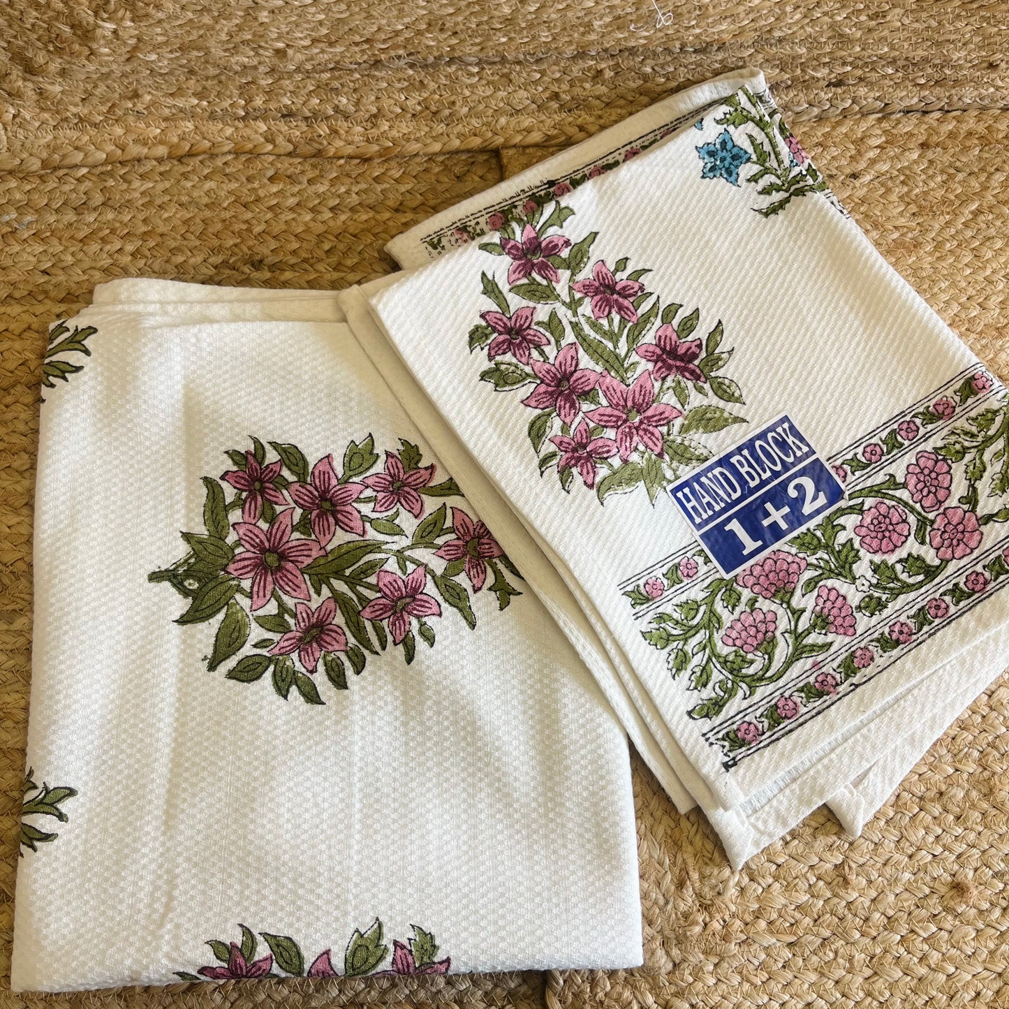 Blue Pink Floral Handblock Waffle Cotton Towel Set