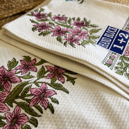 Blue Pink Floral Handblock Waffle Cotton Towel Set