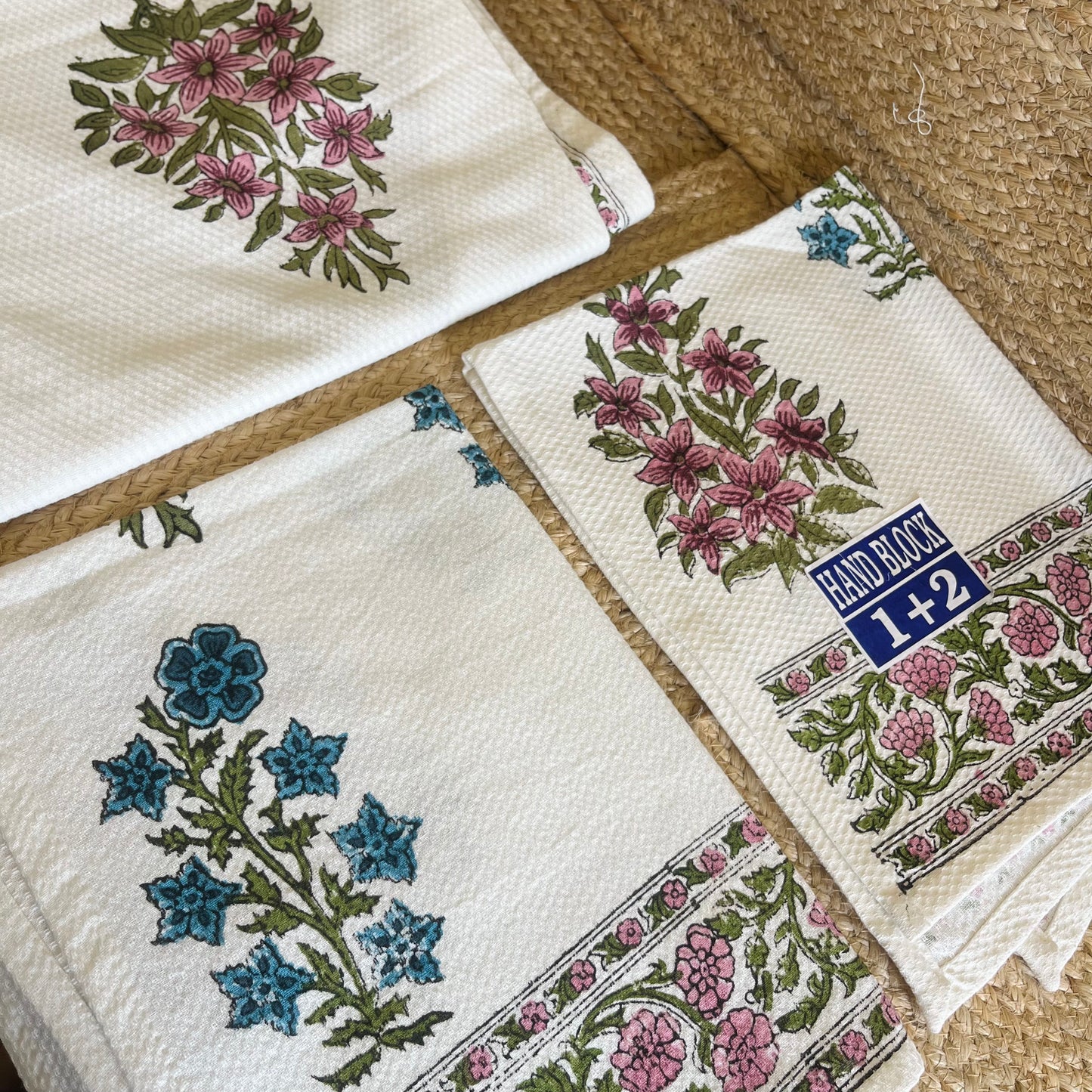 Blue Pink Floral Handblock Waffle Cotton Towel Set