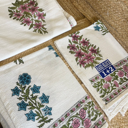 Blue Pink Floral Handblock Waffle Cotton Towel Set