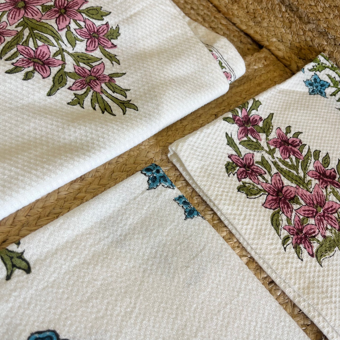 Blue Pink Floral Handblock Waffle Cotton Towel Set