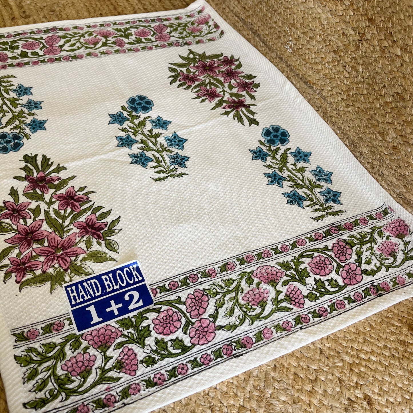 Blue Pink Floral Handblock Waffle Cotton Towel Set