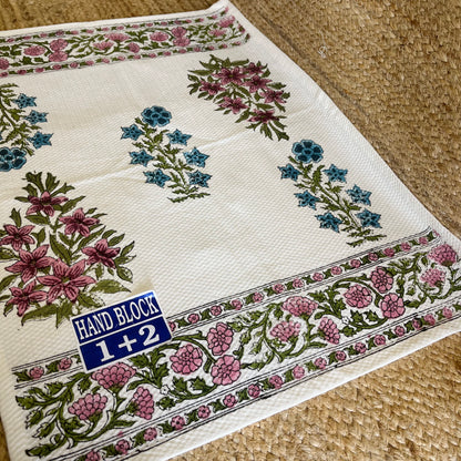 Blue Pink Floral Handblock Waffle Cotton Towel Set