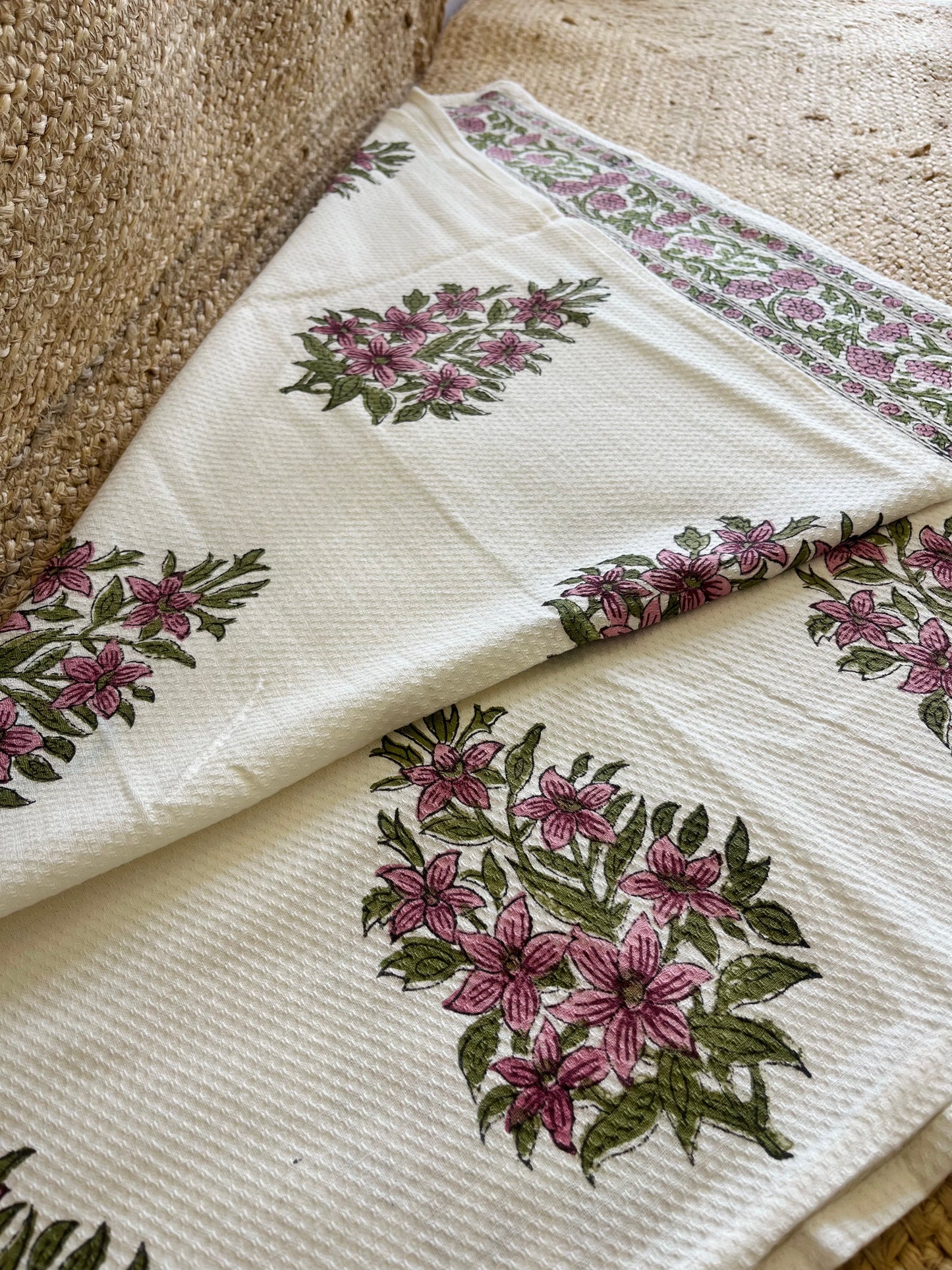 Blue Pink Floral Handblock Waffle Cotton Towel Set