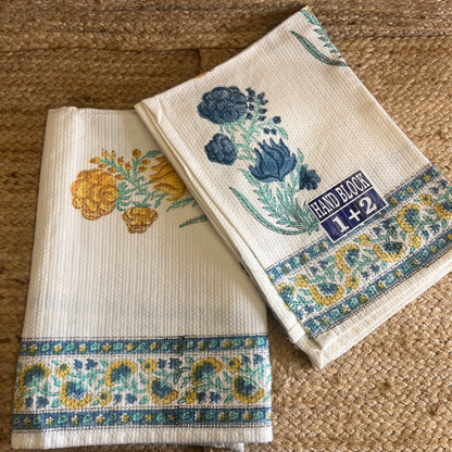 Mustard Yellow and Blue Plant Handblock Waffle Cotton Towel Set