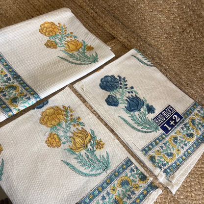 Mustard Yellow and Blue Plant Handblock Waffle Cotton Towel Set