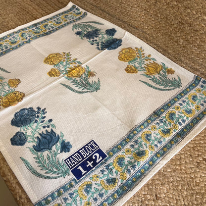 Mustard Yellow and Blue Plant Handblock Waffle Cotton Towel Set