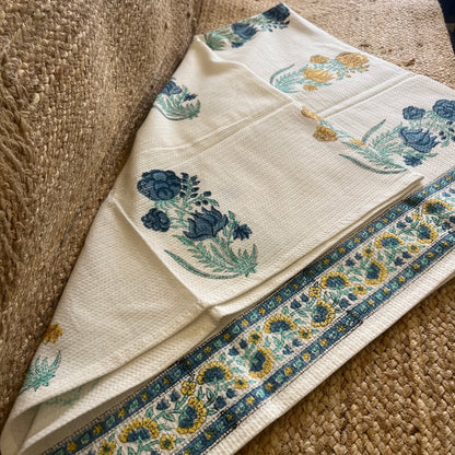 Mustard Yellow and Blue Plant Handblock Waffle Cotton Towel Set