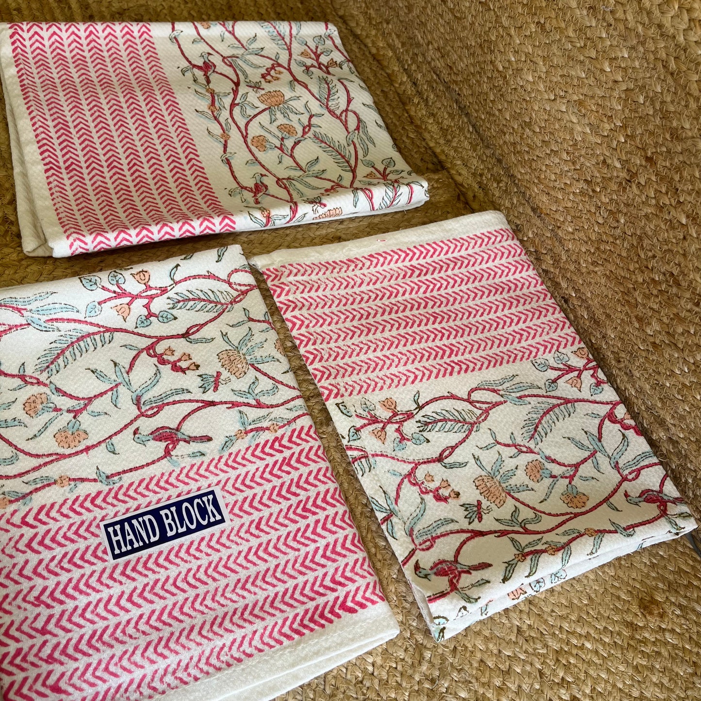 Pink Paradise Handblock Waffle Cotton Towel Set