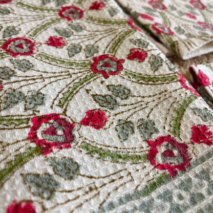 Red Floral Handblock Waffle Cotton Towel Set